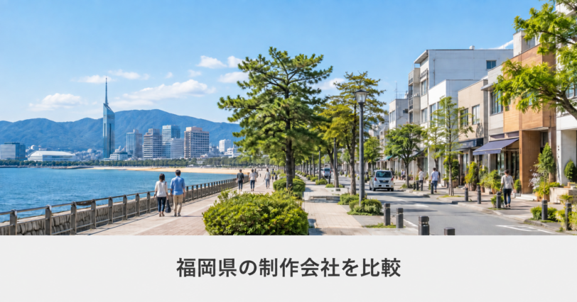 福岡県の制作会社を比較。福岡の海辺を背景にした記事のアイキャッチ。