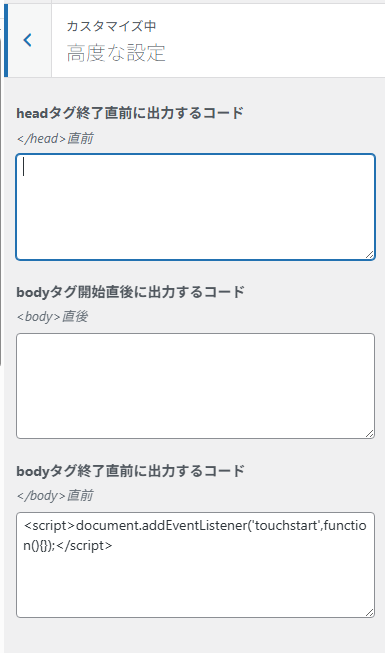 HTMLタグへ直接コードを挿入する高度な設定の項目。
