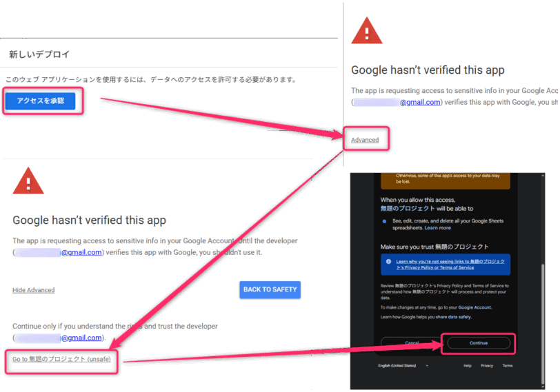デプロイ時に求められるアクセス承認の画面。