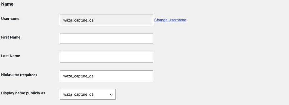 Username Changer 3.3.1の名前変更リンク(架空アカウント/WordPress 7.1.3/Local英語UI/2026年10月13日確認)
