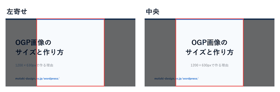 左寄せと中央寄せのOGP画像に正方形の範囲を重ねた図