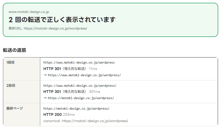 リダイレクトチェックで、wwwありで末尾のスラッシュなしのURLを調べた結果