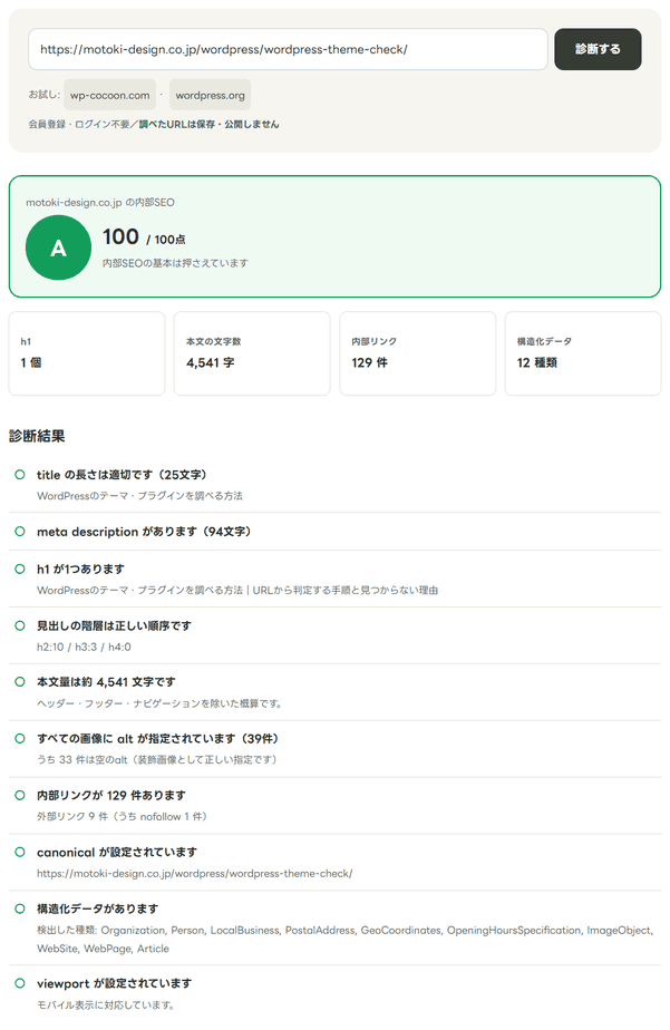 内部SEO施策診断でこのサイトの記事を調べた結果