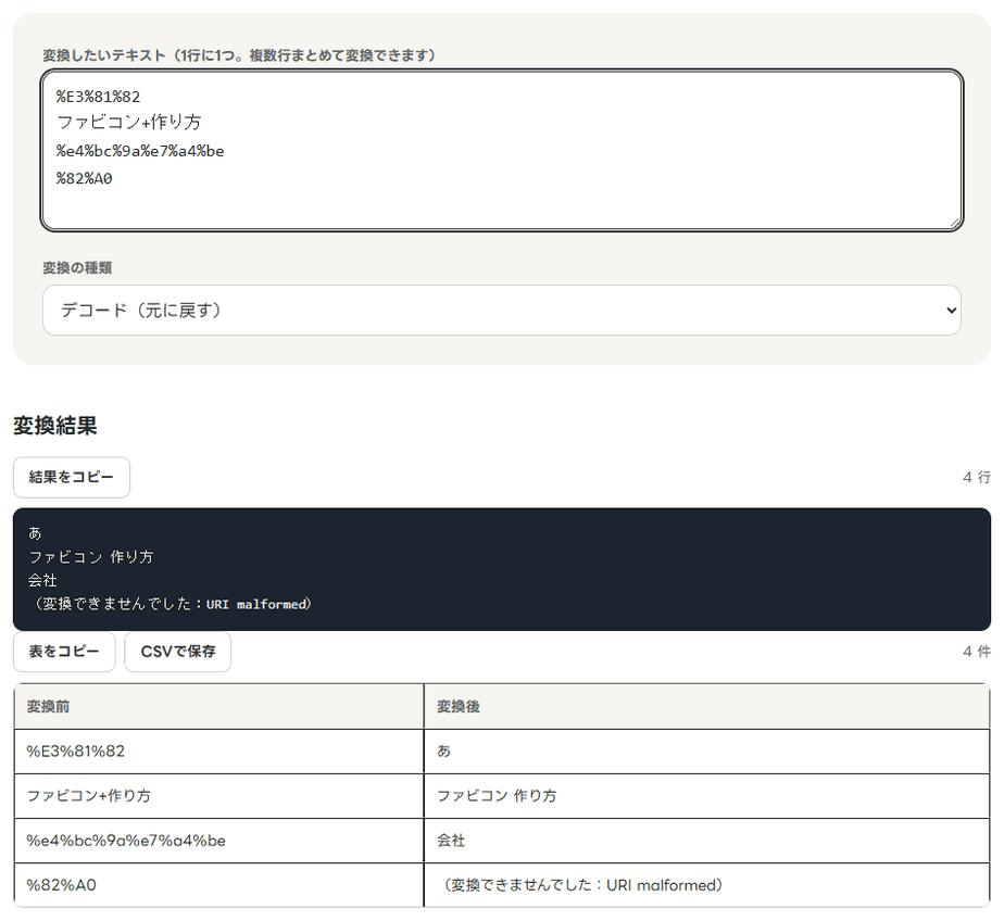 URLエンコード・デコードで4種類の文字列をデコードした結果