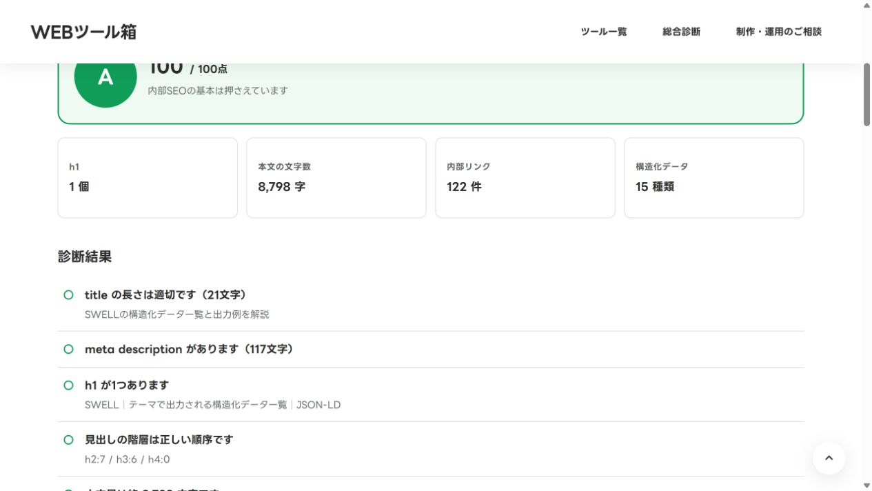 WAZAの構造化データ記事を診断した結果。100点、h1は1個、構造化データは15種類